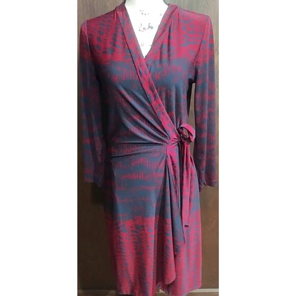 BCBG Max Azria Maroon Navy blue Animal Print Wrap Tie Dress Size Small career - Picture 1 of 11